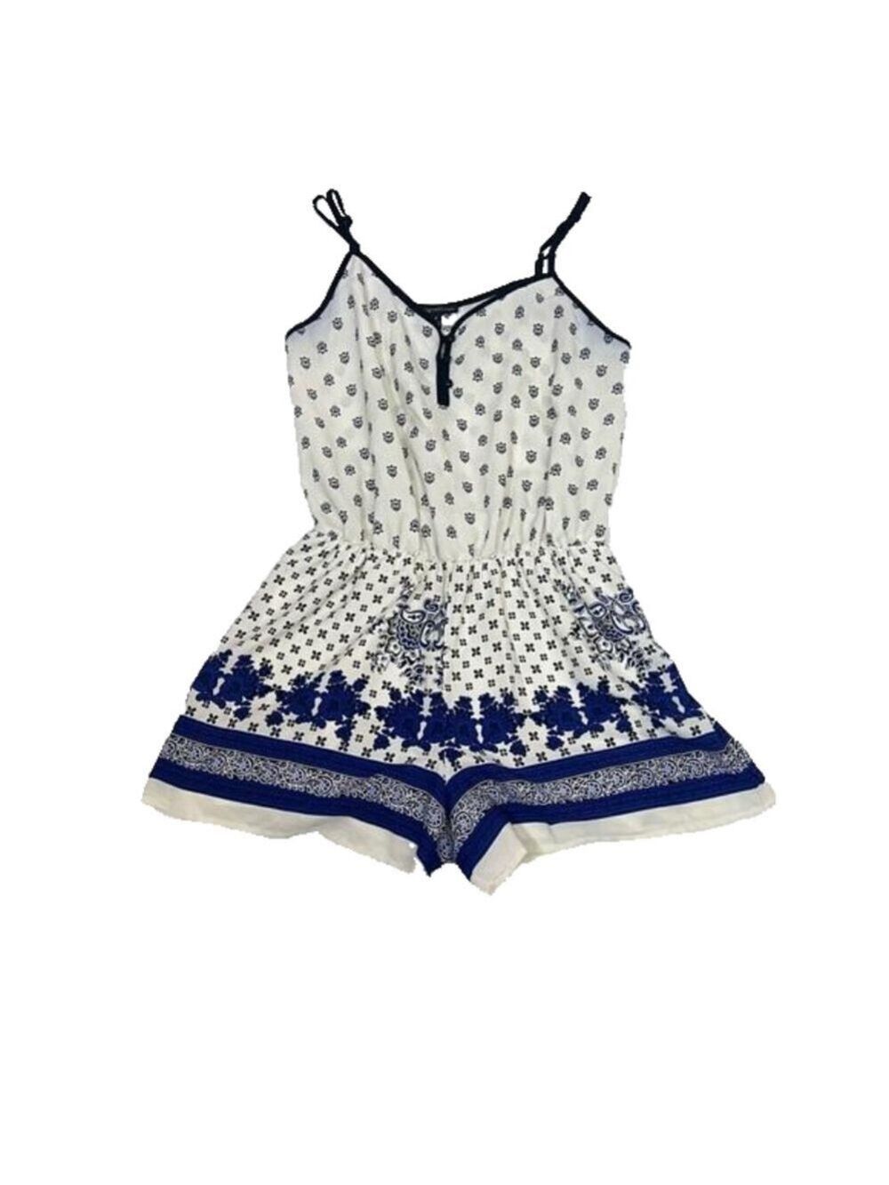Mm Mm Mm Floral Romper Blue White Summer Boho Size M Lined Adjustable Straps